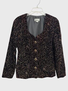 Patra Vintage Black/Aubergine Velvet Jacket with Floral Glitter Pattern Size 12